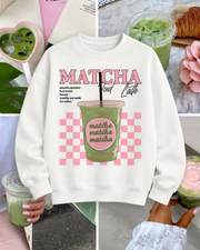 Matcha Latte Oversized Sweatshirt – White & Pink Graphic Crewneck