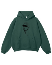 Green hoodie with a black graphic design on a white background