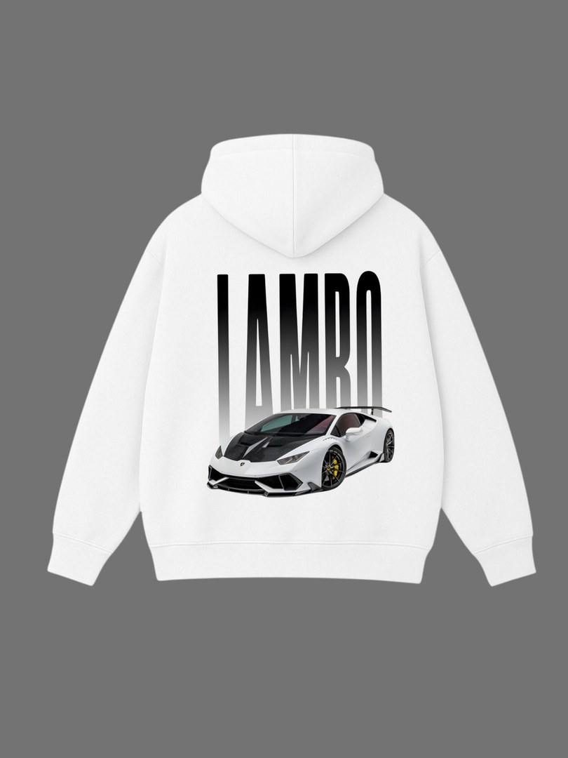 White hoodie with 'LAMBO' and a car graphic on the back against a gray background