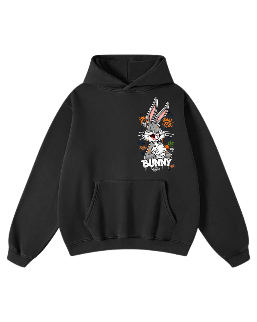Black hoodie with cartoon character on a white background