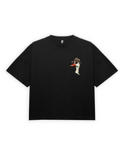 Black oversized t-shirt with a graphic print in the center featuring a bird.