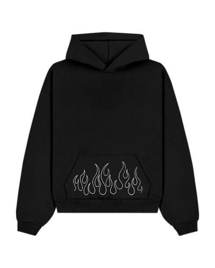 Black hoodie with flame design on the back pocket against a white background