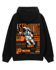 Black hoodie with orange and white astronaut graphic on the back