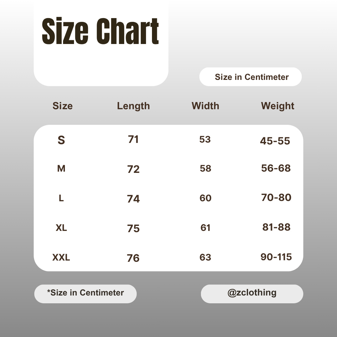 Size chart for clothing with dimensions in centimeters on a gray background