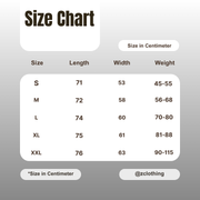 Size chart for clothing with dimensions in centimeters on a gray background